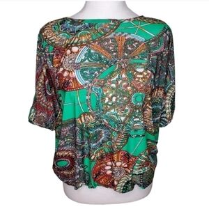 Just Funky Oversized Cold Shoulder Top, Abstract Print Elastic Waist Sz S